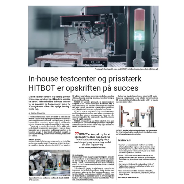 Artikel om Diatoms in-house testcenter og prisstærk HITBOT cobots i Jern- og Maskinindustrien