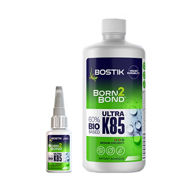 Born2Bond™ Ultra K85 cyanoacrylatlim - Velegnet til krævende miljøforhold og fremstillet af 60 % biobaserede råmaterialer, 20 og 50 g flaske